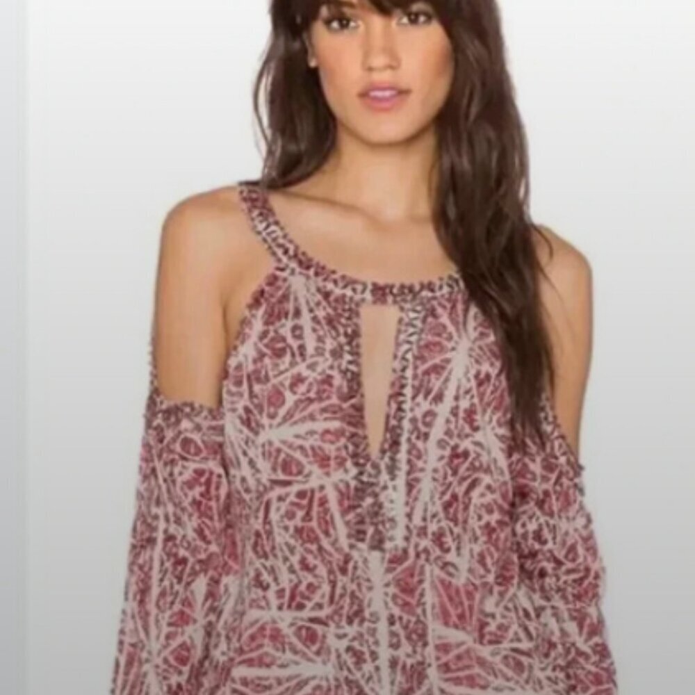 Free People Rayon Good Morning Beaded Cold Shoulder Red Sexy Top SS - Picture 2 of 8